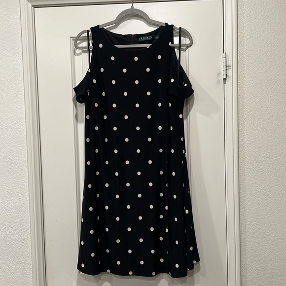 Lauren Ralph Lauren Cold Shoulder Black Polka Dot Jersey Trapeze Dress EUC - Picture 1 of 5